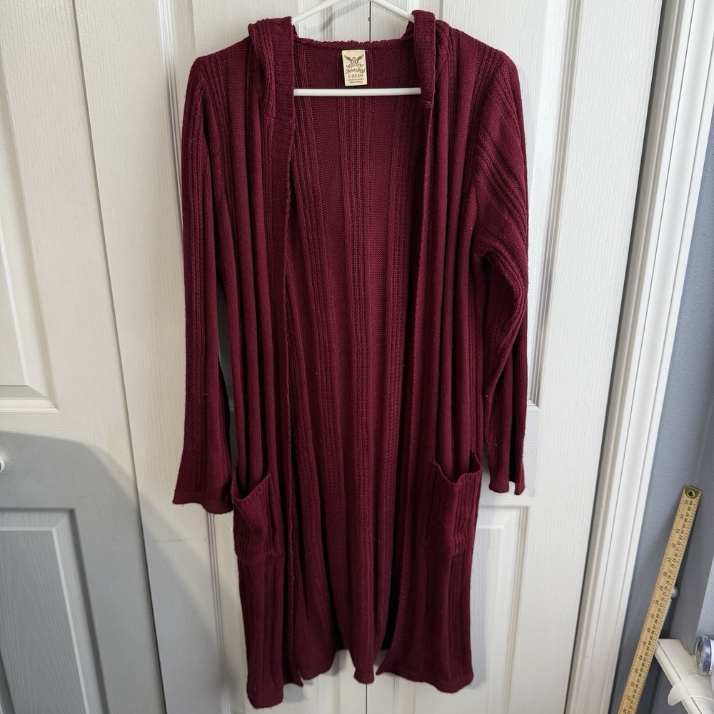 Faded Glory Merlot Wine Open Front Hooded Duster Cardigan Women's Size Large Y2K